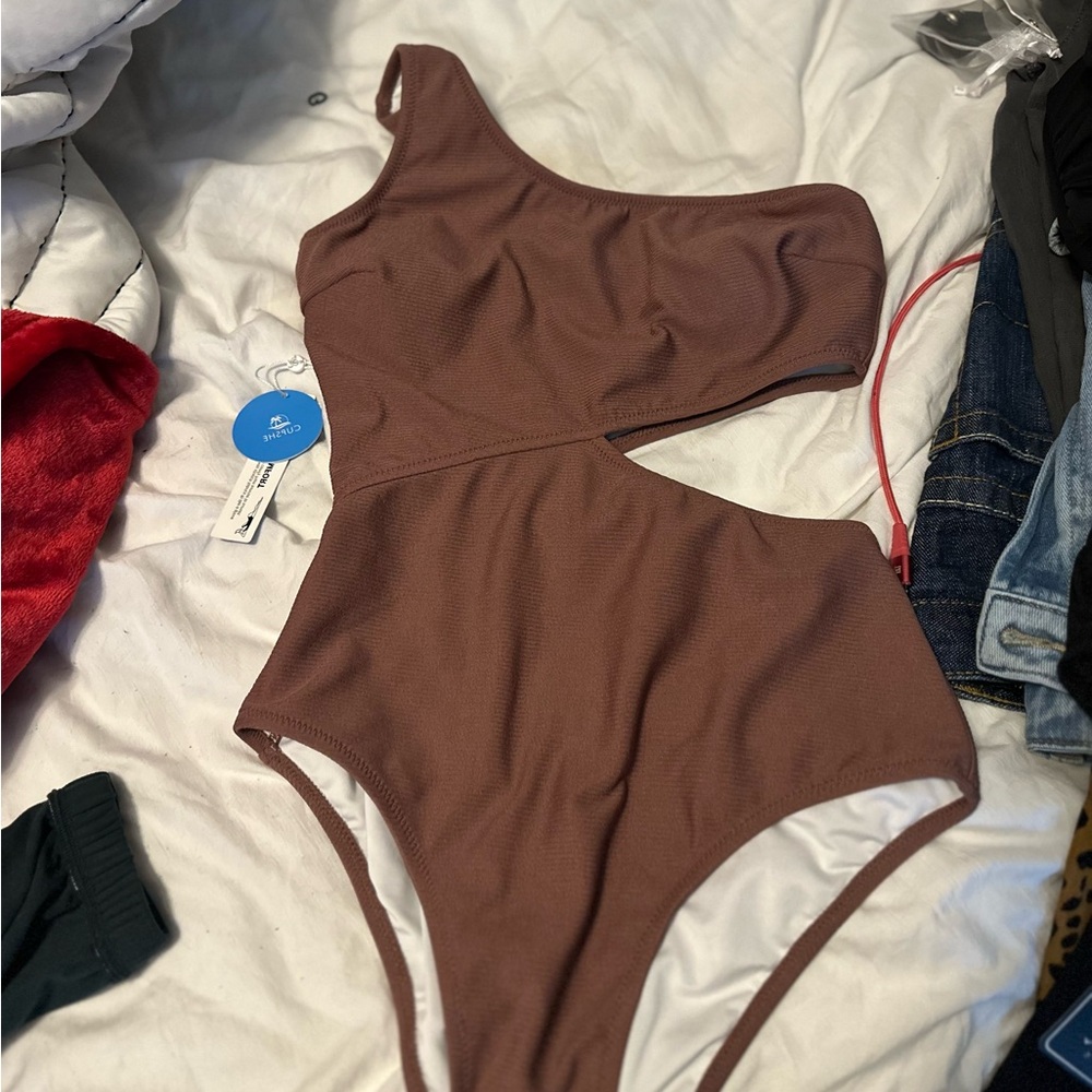 Brown One-Shoulder Cutout Swimsuit
